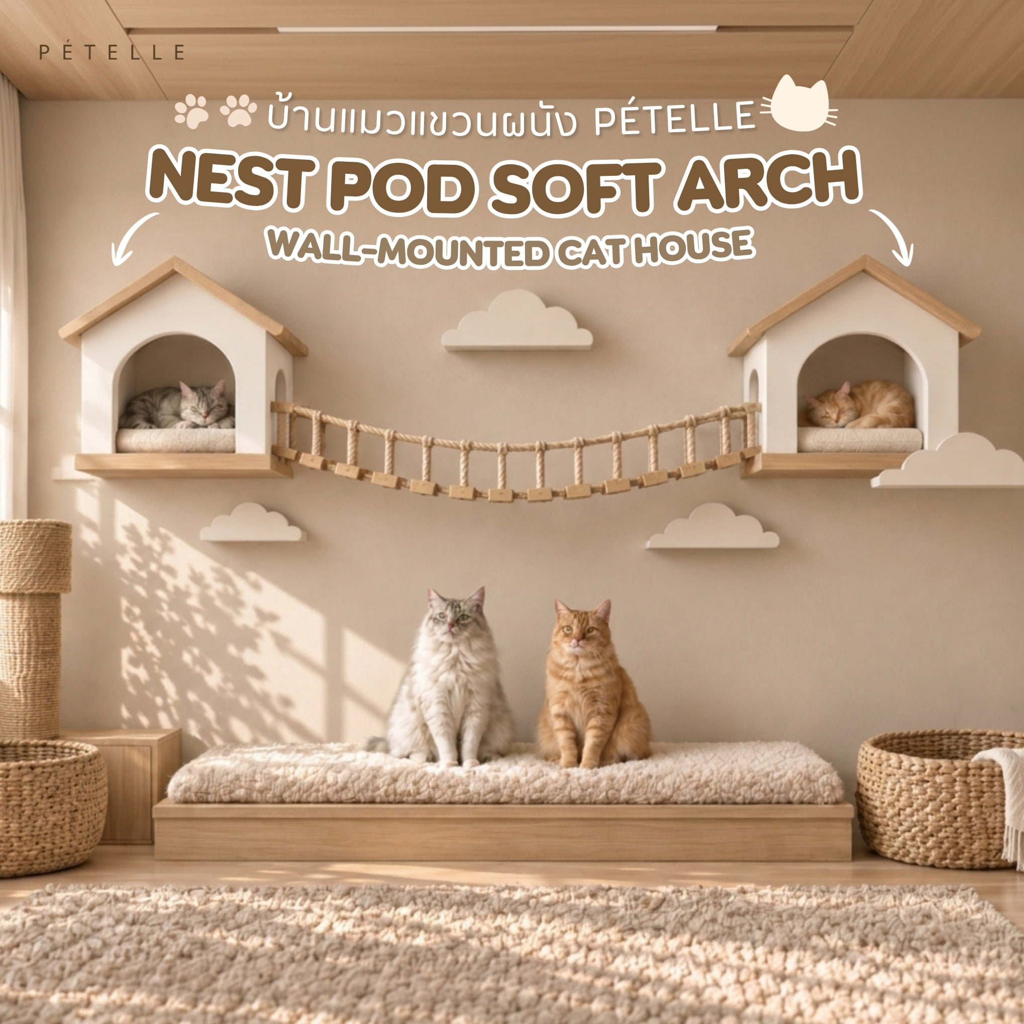 บ้านแมวแขวนผนัง PETELLE NEST POD SOFT ARCH สีครีม/ไม้ธรรมชาติ_2
